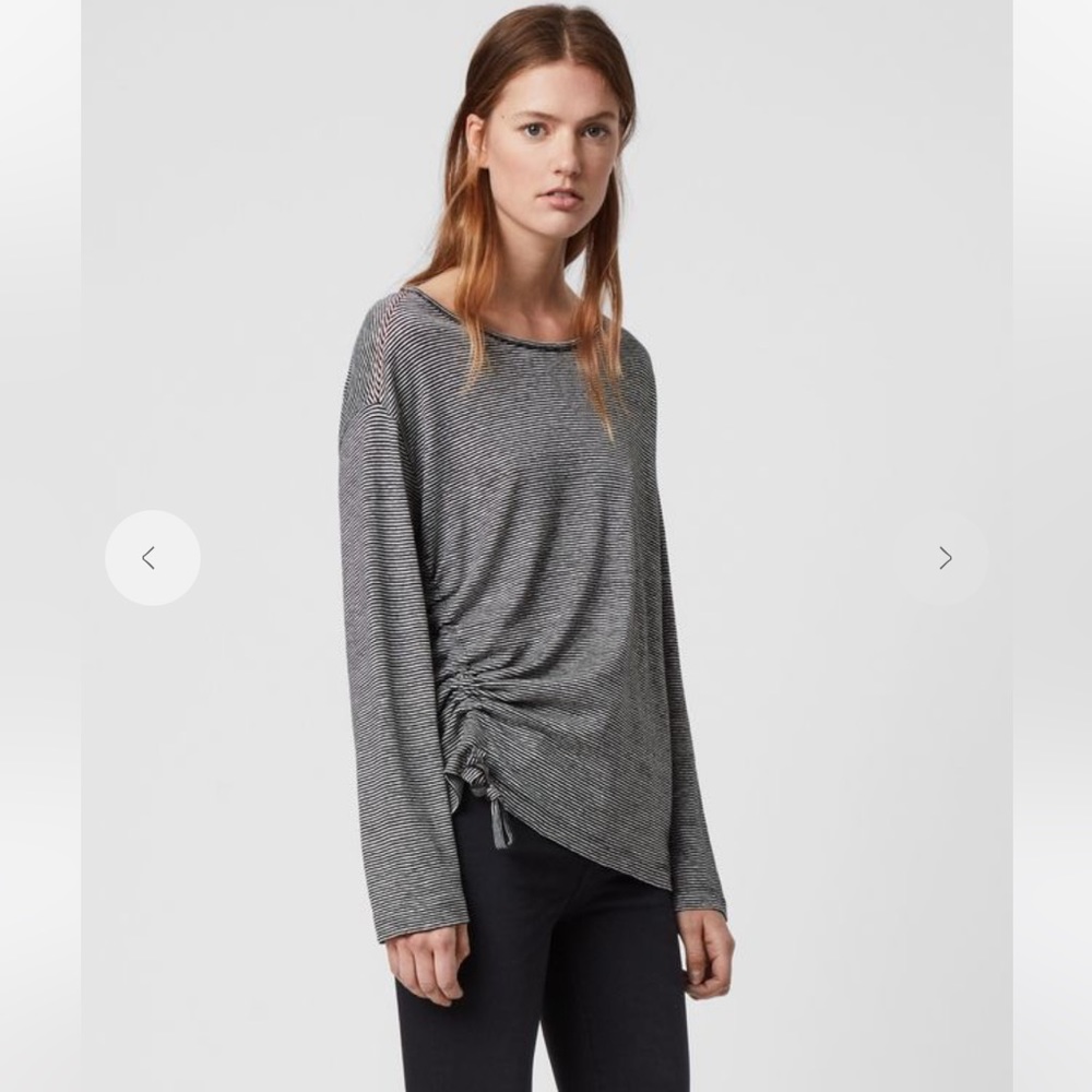AllSaints Women's Long Sleeve Gray Striped Ruched Side Tee